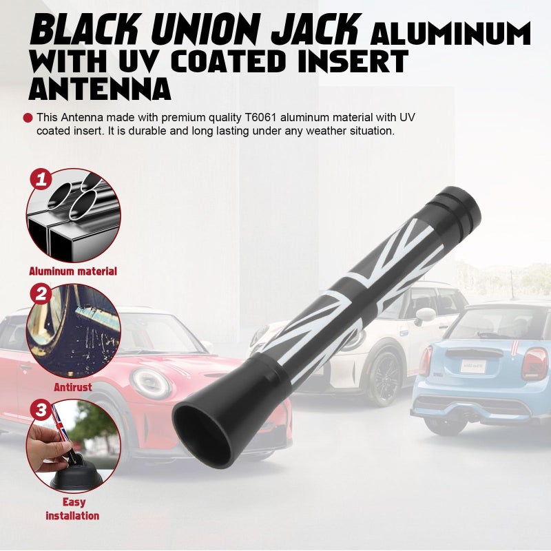 x xotic tech Car Short Antenna Union Jack Flag Theme Compatible with Mini Cooper All Models 3"(Black/Grey) - Image 2